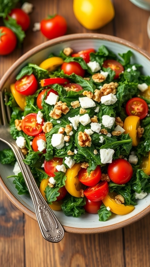 A colorful kale salad with bell peppers, cherry tomatoes, feta cheese, and walnuts in a rustic bowl.